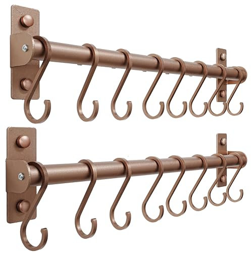 Dseap Kitchen Utensil Holder Hanger, Pot and Pan Rack Wall Mounted, Kitchen Rail with 8 Hooks for Hanging Cooking Utensils, Mugs, Spoons, Wall Mounted, Antique Copper New, Pack of 2