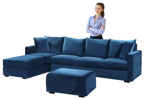 Samt L-Form Stretch Ecksofa Sofabezug mit Kissenbezügen Blau Quadratische Kissen