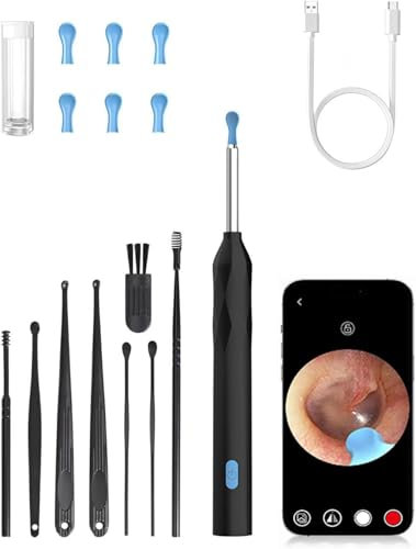 Ear Wax Removal 1080P Wireless Ear Cleaner Otoscope with 8pcs Cleaning Kit 3.50mm Visual Ear Camera with 6 LED Lights Otoscope Endoscope for 1Phone, Ipad & Android Smart Phones(Black)