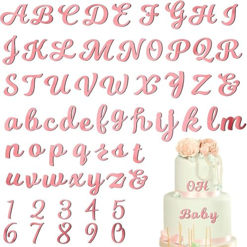 SOFPLATE 1 Box 128Pcs 63 Styles Letter Cake Topper Pink Acrylic Number Cupcake Toppers Plastic 0-9 Numbers A-Z Letters Mirrored Non Edible Rose Gold Decors for Cake Wedding Anniversary Birthday