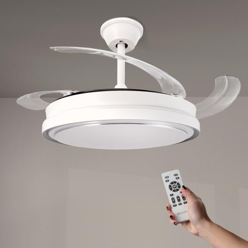 LEDUNI Ventilador de Techo LED con Aspas Retráctiles Control Remoto,70W 2448LM Luz Integrada, Color Blanco CCT 3000-4000-6000K (Gris Olga)