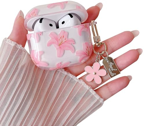 MINSCOSE Kompatibel mit AirPods 4 Klar Case, niedliche Blumen Muster Design mit ästhetischen Blumen Schlüsselanhänger weiche TPU Schutz stoßdichte Abdeckung für AirPods 4 für Frauen Mädchen-rosa