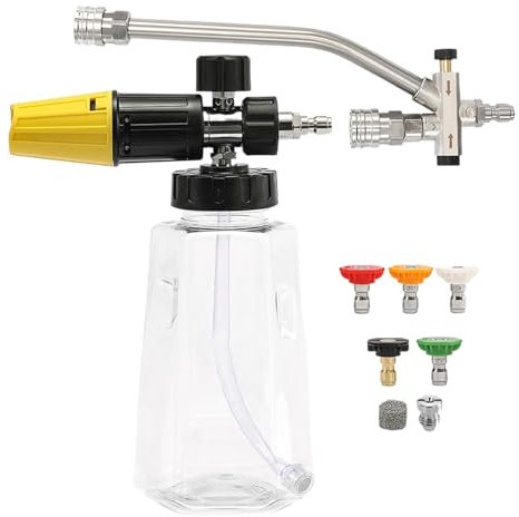 Lanza Espumadora | Cañón de Jabón para Hidrolimpiadora | Con 5 Boquillas, Conector Rápido, Dosificador de Jabón 1000ml para Casa, Jardín, Exteriores y Conducción