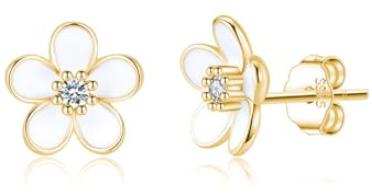 SLUYNZ Solid 925 Sterling Silber Blume Ohrstecker Ohrringe für Damen Mädchen Weiße Blume Ohrstecker Ohrringe (B-Gold)