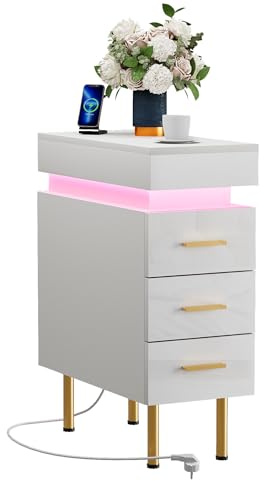 Schmaler Nachttisch mit 3 Schubladen & LED-Beleuchtung, Nachtschrank Schlafzimmer mit Steckdose+USB, Bluetooth Licht, Perfekt als Beistelltisch, Nischenschrank oder Schmales Regal (Weiß, 50x25x67cm )