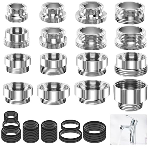 16 Stück Wasserhahn Adapter, Messing Wasserhahnadapter Set mit Dichtungen, Doppelgewinde Wasserhahn Belüfter Anschluss für Küche, Gartenschlauch, Wasserfilter und Spülbecken