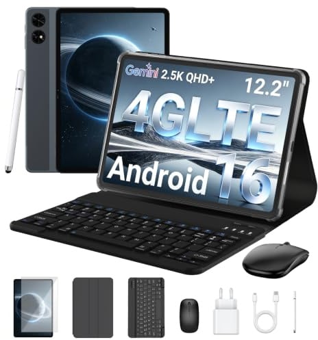 BESTTAB Android 16 Tablet con tastiera, 12,2 pollici 120 Hz 2,5 K FHD, 48GB RAM+256GB ROM (2 TB TF), T7280 Octa-Core, 10000mAh, Widevine L1, Tablet con SIM 4G LTE/ 5G WiFi, 16MP+8MP, Gemini AI, GPS