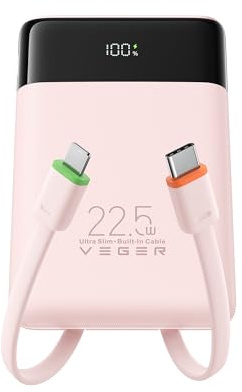 VEGER Power Bank Fast Charging 10000mAh,Portable Charger Built in Cables | USB C Battery Pack with LED Display,22.5W 4 Outputs Slim Powerbank,Travel Essentials for iPhone Android Phones Tablets