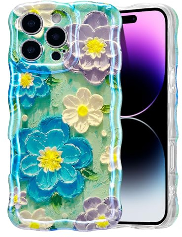 EYZUTAK Case for iPhone 14 Pro Max, Retro Oil Painting Flower, Blue Purple | Laser Glossy Floral Pattern, Cute Curly Wave Edge, Exquisite Phone Cover, Stylish Durable TPU Protective Case for Girl Women