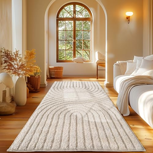 Carpetsale24 Teppich Läufer 80x150 cm Creme Hochflor Skandi Boho Design Hoch-Tief Effekt Weicher Shaggy Langflor Flauschig Robust Pflegeleicht Modern für Schlafzimmer, Flur