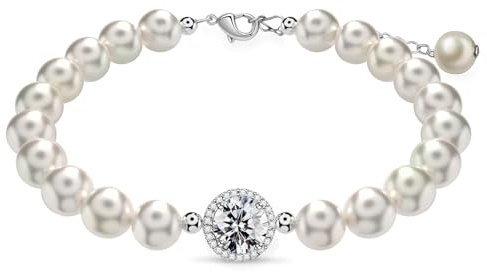 FEIKFEIZ Bracciale di perle con moissanite, diamanti moissanite coltivati in laboratorio da 2CT, placcato in oro 18K, bracciale di perle d'acqua dolce regolabile.