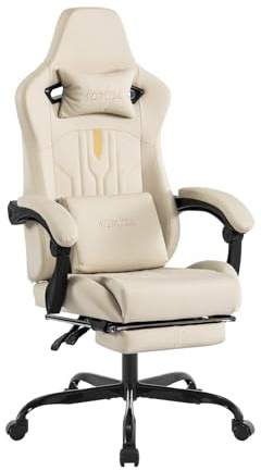 SUKIDA Gaming Stuhl Computerstuhl Ergonomischer Gaming Chair, mit Fußstütze Bürostuhl, Lendenwirbelstütze, verstellbare Armlehnen, Vintage PU Leder,Beige