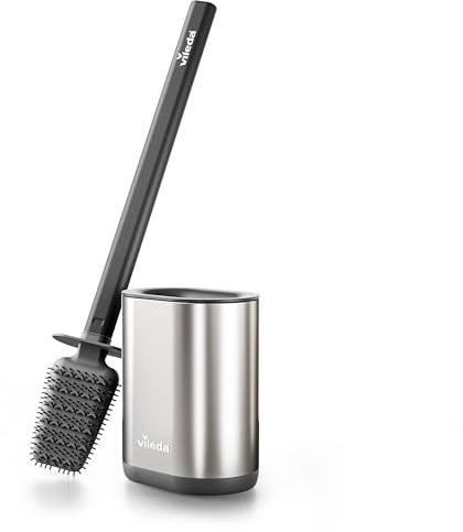 Vileda Scopino WC in Silicone con Porta Scopino Bagno - Inox Argento | Testa in silicone a due zone, manico in acciaio inox argento, porta scopino chiuso, 42,5 cm