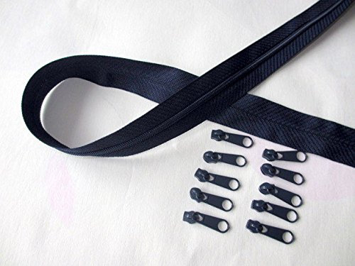 5m Reißverschluss endlos, Spirale 3mm + 15 Schieber/Zipper 32 Farben, Meterware (Dunkelblau)