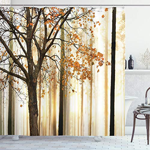 ABAKUHAUS Herbst Duschvorhang, Baum in der Zusammenfassung Woods, Stoffliches Gewebe Badezimmerdekorationsset mit Haken, 175 x 200 cm, Orange Braun