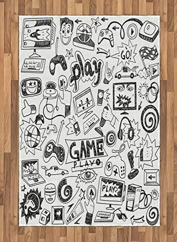 ABAKUHAUS Videospiele Teppich, Sketch Stil Gaming, Deko-Teppiche für Grosse Flächen für wie das Schlafzimmer und die Küche, 120 x 180 cm, Schwarz Weiß