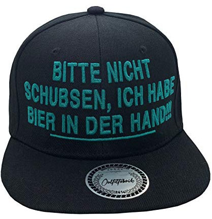 Outfitfabrik Snapback Cap Bitte Nicht schubsen, ich Habe Bier in der Hand in schwarz mit petrolblauem 3D-Stick (Festival, Alkohol, Statement, Saufen) für Männer und Frauen, Größe verstellbar