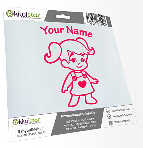 Kiwistar - Babyaufkleber - Neonpink - Mädchen Zöpfe Herz Sticker - mit Wunschtext individuell personalisiert 15cm - für Auto, Motorrad, Fahrrad, Tuning