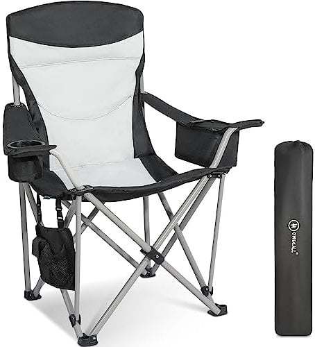 Homecall Klappbarer Camping-Mondsessel mit isoliertem Getränkehalter, Zeitschriftenfach - (Schwarz/Creme-Weiß)