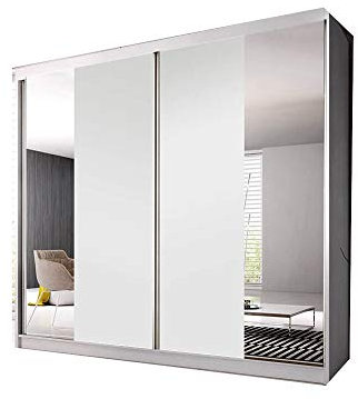 MOEBLO Kleiderschrank Schwebetürenschrank mit Spiegel 2-türig Schrank mit vielen Einlegeböden und Kleiderstange Gaderobe Schiebtüren BxHxT 233x218x61 - Ben 38 (Weiß + weiß matt + Spiegel)
