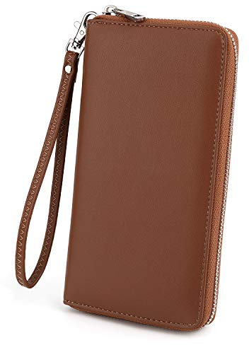 UTO Portefeuille Femme Porte Cartes 18 Fentes Grand Capacité Pochette Fermeture éclair avec Bracelet Synthétique Brun