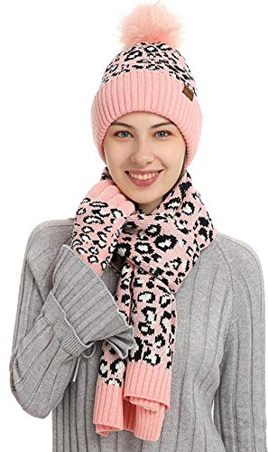 3 Pcs/Set Mode Imprimé léopard Femmes Bonnet Écharpe et Gants à Ecran Tactile Chapeau Tricoté Hiver Chaud Épaisse Polaire Doublure Sports de Plein Air Cadeau de Noël