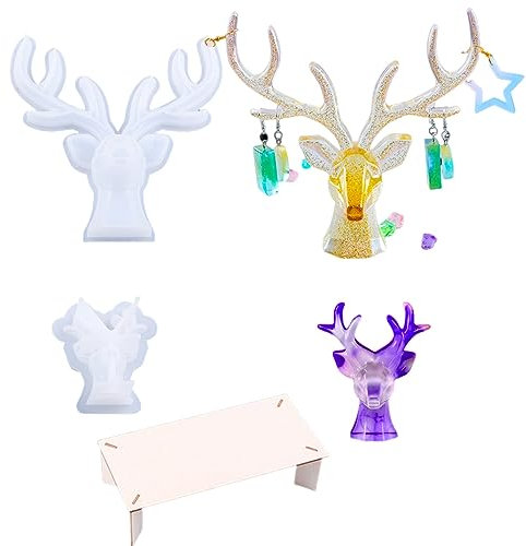 iSuperb 2 Pezzi 3D Stampi in Resina di Cervo con Tavola di Supporto in Legno Stampi in Silicone per Cervi Alci e Corna Stampi in Resina Epossidica Organizzatore di Gioielli