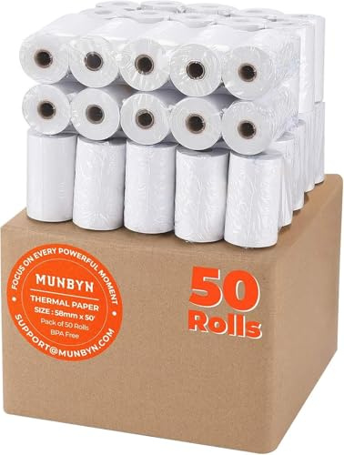 MUNBYN 2 1/4 inch x 50'ft Thermal Paper (50 Rolls), BPA Free Receipt Paper, 58mm Thermal Receipt Papers Fits All 58mm Thermal POS Printer, Square Terminal Credit Card Machines printers clearly