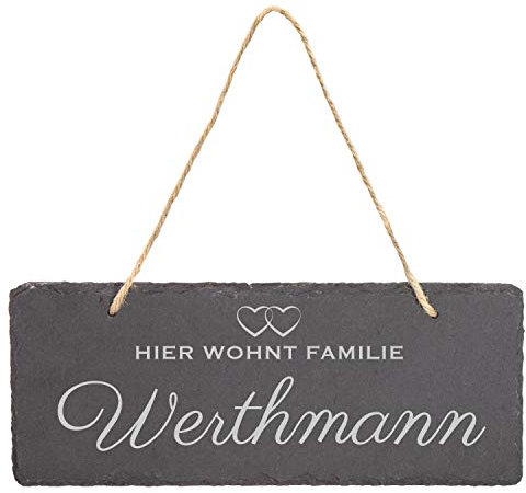 LAUBLUST Türschild Schiefer Personalisiert - Herzen Motiv - Haustürschild mit Name - 3 Größen, inkl. Kordel