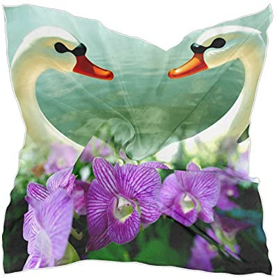 linomo Damen Chiffon Seide Schal Weiß Schwan Liebe Quadrat Schal Wickel Seidenschal