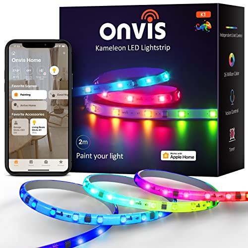 Onvis Smart LED Strip 2m, Wi-Fi RGBIC Light Strip with PU Protective Layer | App Controlled, Music Sync Color Changing, Timing Function, Works with Apple Homekit, for TV, Live Room, Game Room Decoration