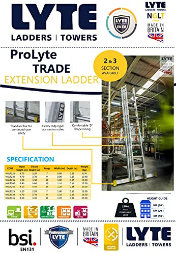 Lyte Pro EN131-2 Professional Trade 2 Section Extension Ladder, 2x13 Rung