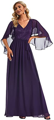 Ever-Pretty Vestiti da Cerimonia Taglie Forti Stile Impero Elegante Scollo a V Maniche con Volant Mamma Viola Scuro 46