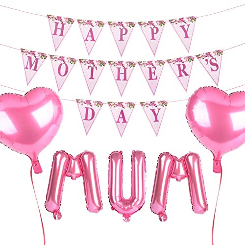 Muttertag Deko 1 Stück Wimpelkette Happy Mother's Day Papier Girlande Banner 5 Stück Rosa Luftballons Folienballons MUM Herzen