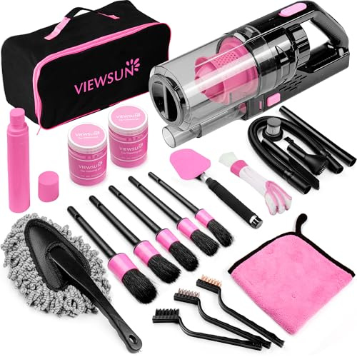 Viewsun Kit de Nettoyage de Voiture 17 pièces, kit de Nettoyage intérieur de Voiture Rose avec aspirateur à Main Haute Puissance, Ensemble de brosses de détail, nettoyant pour Pare-Brise, Gel de