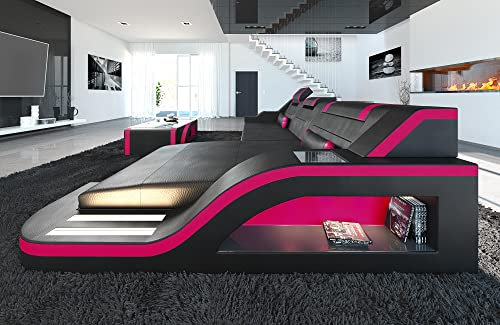 Ledersofa Palermo L Form Sofa - mit LED Beleuchtung, verstellbare Kopfstützen, Recamiere/Lederfarben wählbar/Ausrichtung wählbar (Ottomane rechts, Schwarz-Pink)