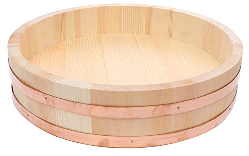 KELUNIS Hangiri Wooden Sushi Rice Bowl, Japanese Great Copper Mixing Bowl Sushi Bucket with Sturdy Copper Bands for Sushi Restaurant Kitchen - Pine Wood, 72x16cm