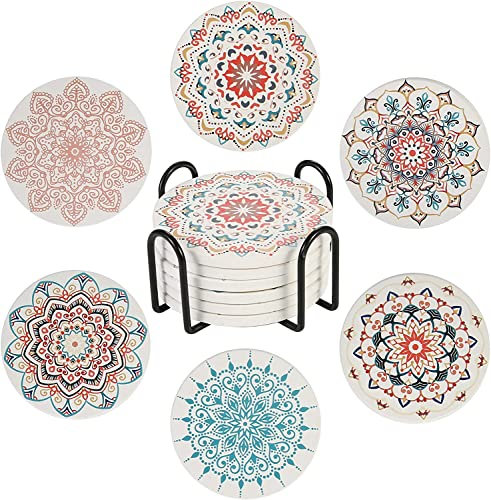 STARUBY 6 Stücke Untersetzer Set Elegant Blumen Muster mit Halter,Durchmesser 10,3 cm Saugfähige Keramische Korkboden Untersetzer,für Bierkneipen Tassen Vasen Kerzen Drinks Tischuntersetzer Geschenke