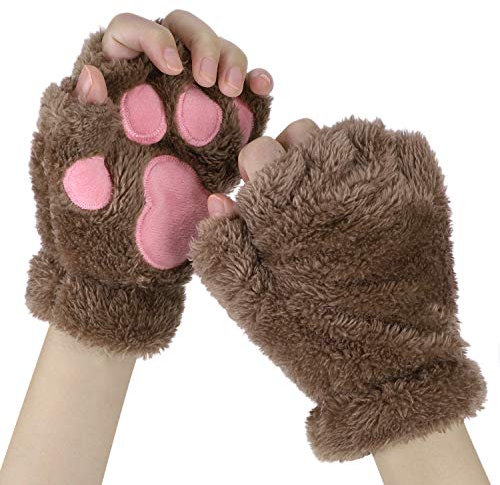 Women Girls Cat Bear Paw Claw Gloves Mittens Plush Warm Winter Animal Wolf Paw Handwear Cute Cartoon Claw Mittens with String Cosplay Party Halloween Christmas