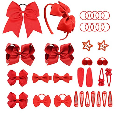 VIKSAUN 35 Stück Haarspange Haarschleifen Mädchen Rot Haare Ringe Pferdeschwanz Haarband Haaschmuck Haarklammern mit Schleifen Baby Kinder Damen Hochzeitsfeier Kindertagsgeschenk (35 Stück)