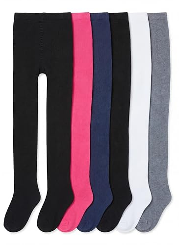 TupTam Collants Fantaisie ou Unis pour Filles, Lot de 6, Noir 2x Bleu foncé Blanc Gris Rose, 140-146