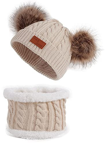 Qersh Baby Wintermütze Schal Schlupfmütze Warm Niedlich BärWintermütze Schalmütze Strickmütze mit Bommel Fleecefutter BeanieMütze Baby (S07, 2-7 Jahre alt)