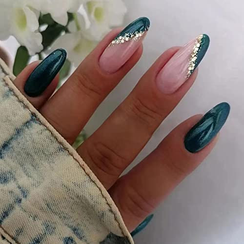 24 Pièces Faux Ongles Moyen Amande French Ongles à Coller Acrylique Capsules Brillant Ongles à Presser avec Autocollants Adhesif pour Filles Femmes DIY ou Nail Salon (Vert Paillettes)