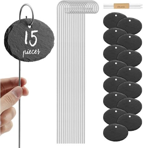 Navaris 15x Schiefer Pflanzenschilder mit 40cm Metallstab - mit Kreide - 10 x 7cm - Pflanzenstecker zum Beschriften - Garten Schiefertafel Schilder - oval