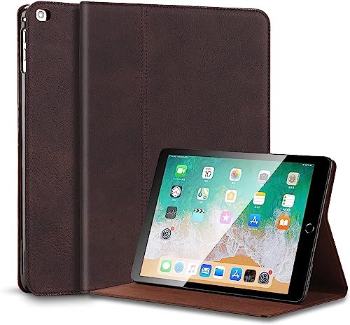 Gexmil Leder Hülle für iPad 9,7 Zoll 6./5. Generation 2018/2017-iPad Air 2/1 Gen. Echt Leder Cover Stoßfest,Anti-Fingerabdruck,Automatischer Schlaf/Aufwachen,Einstellbarer Ständer, Sanded Braun