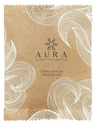 Aura Luxury Collection ® Cuffie monouso impermeabili per capelli da utilizzare sotto la doccia taglia unica con elastico in flow-pack di carta 100% riciclata (100)