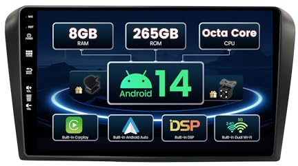 SXAUTO ¦8G+256G¦ Android 14 IPS Autoradio für Mazda 3 (2006-2012) - Eingebaut Carplay/Android Auto/DSP - LED Kamera + MIC - DAB Lenkradsteuerung Fast-Boot 360-CAM WiFi AHD - 2 Din 9 Zoll