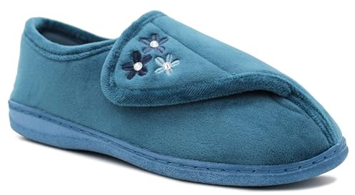 Dr Keller Womens Lightweight Faux Fur Wide Opening Touch Fasten Diabetic Orthopaedic Slippers (Blue, UK Footwear Size System, Adult, Women, Numeric, Medium, 6)