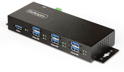 StarTech.com 7-Port Managed USB Hub with 7x USB-A, Heavy Duty with Metal Industrial Housing, ESD & Surge Protection, Wall/Desk/Din-Rail Mountable, USB 3.0/3.1/3.2 Gen 1 5Gbps (5G7AINDRM-USB-A-HUB)