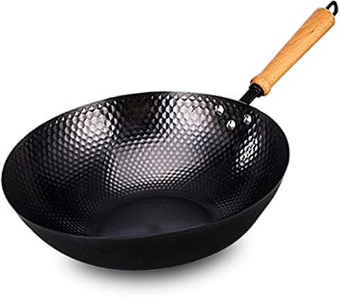 BONOOL Wok-Pfanne, Bratpfanne mit abnehmbarem Holzgriff, Woks aus Stahl, ohne Beschichtung, Eisentopf, Küchentopf, Kochgeschirr